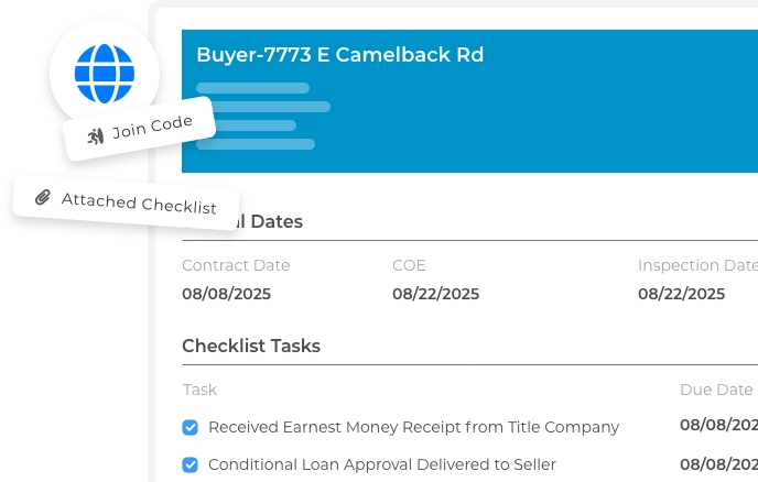 Secure transaction portals in Wise Agent CRM giving clients visibility into deal progress