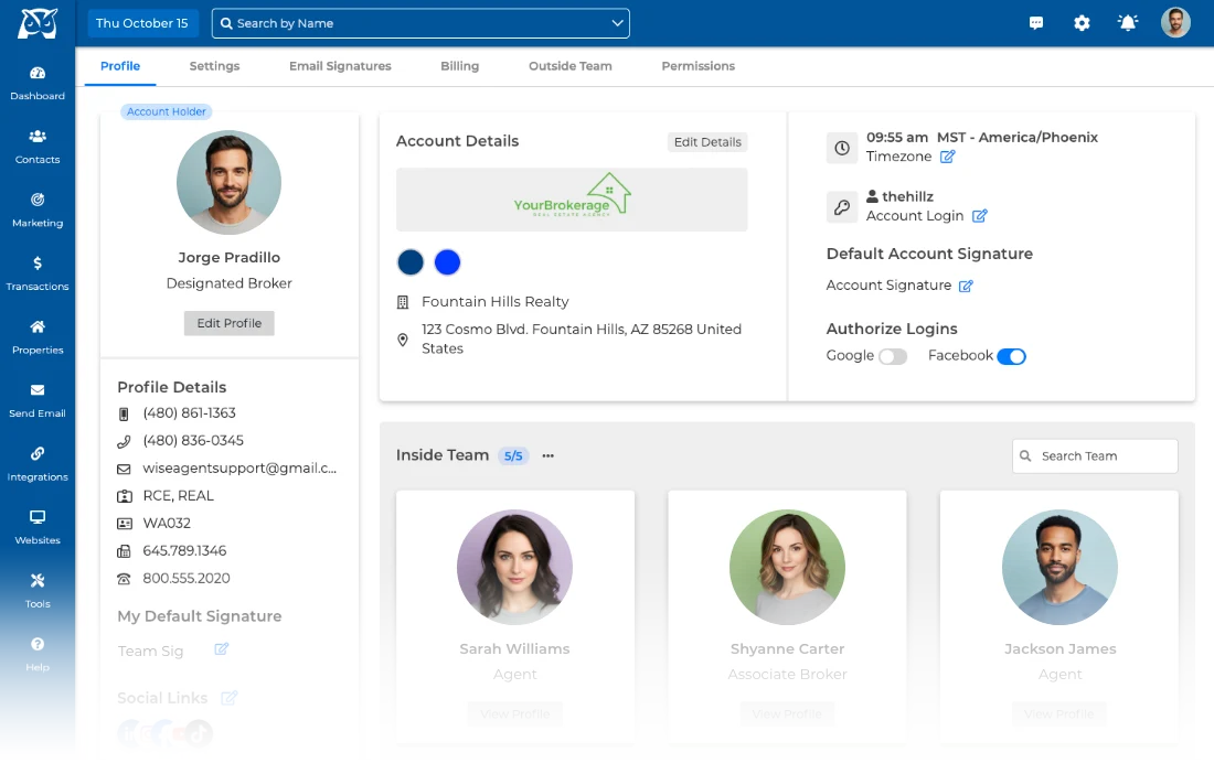 Wise Agent team profile page, showing team details and an Inside Team section with agent profiles
